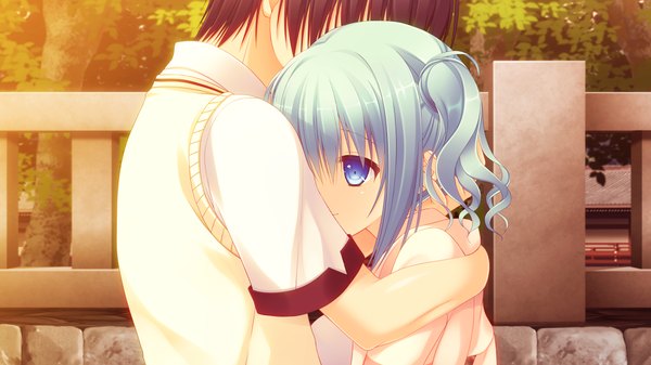 Anime picture 1280x720 with sora tobu hitsuji to manatsu no hana kirisame yuu hazumi rio short hair blue eyes black hair wide image blue hair game cg couple hug girl boy