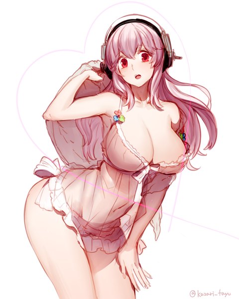 Anime picture 1280x1600 with nitroplus super sonico tayuya1130 single long hair tall image looking at viewer blush breasts open mouth light erotic simple background large breasts white background bare shoulders pink hair cleavage pink eyes sketch girl