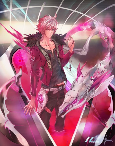Anime picture 980x1243 with ic-kaname single tall image short hair signed pink hair pink eyes magic bone (bones) boy belt cross cross necklace