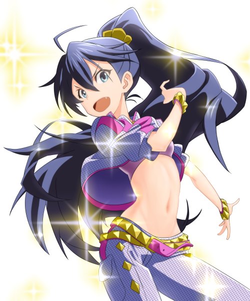 Anime picture 2000x2400 with idolmaster ganaha hibiki taka (takahirokun) long hair tall image looking at viewer highres open mouth blue eyes simple background smile white background ahoge ponytail bare belly glowing million dreams navel bracelet belt