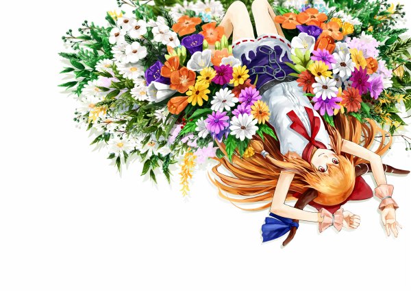 Anime picture 1200x848 with touhou ibuki suika nishiuri (artist) single long hair looking at viewer blush simple background red eyes white background lying horn (horns) orange hair girl flower (flowers) bow hair bow chain cosmos (flower)