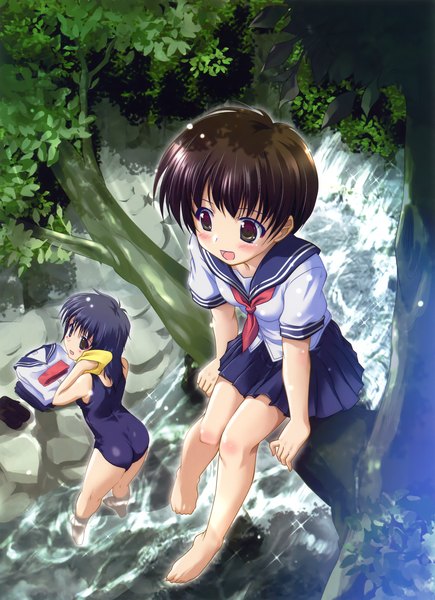 Anime picture 3337x4598 with original eshi 100-nin ten komatsu eiji long hair tall image blush highres short hair open mouth black hair multiple girls brown eyes absurdres barefoot legs river girl 2 girls swimsuit plant (plants)