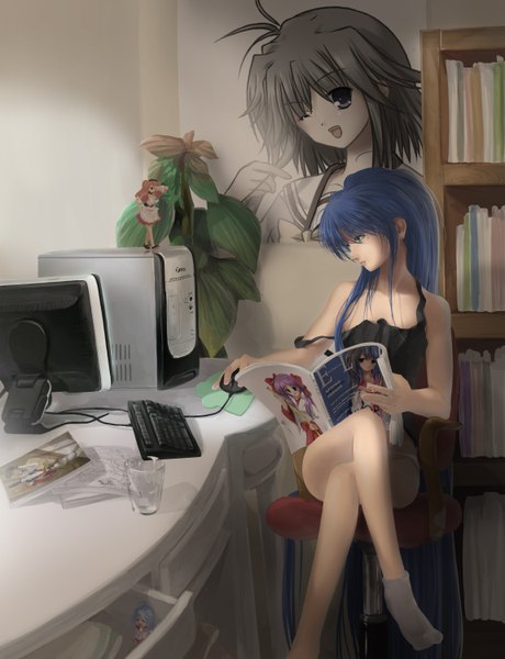 Anime picture 2300x3000 with asahina mikuru long hair tall image highres bare shoulders blue hair one eye closed wink crossed legs girl plant (plants) socks chair shelf bookshelf computer poster magazine statuette