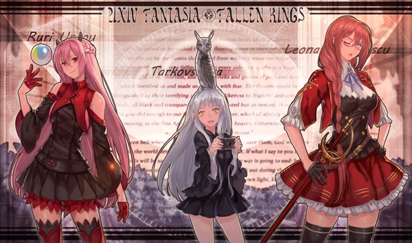 Anime picture 1543x914 with original pixiv fantasia pixiv fantasia fallen kings ryuuzaki ichi long hair looking at viewer open mouth blue eyes red eyes wide image multiple girls yellow eyes pink hair silver hair red hair one eye closed horn (horns) wink girl thighhighs