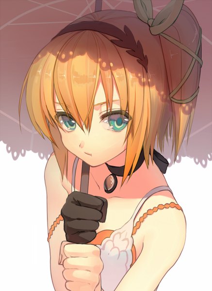 Anime picture 612x840 with tales of zestiria edna (tales) lowro (en) single tall image fringe short hair holding green eyes looking away fingernails orange hair one side up girl gloves black gloves umbrella single glove