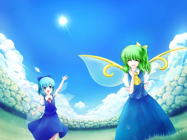 Anime picture 1152x864 with touhou cirno daiyousei hiromi (artist) short hair smile blue hair sky cloud (clouds) eyes closed green hair wallpaper one side up girl ribbon (ribbons) plant (plants) wings grass