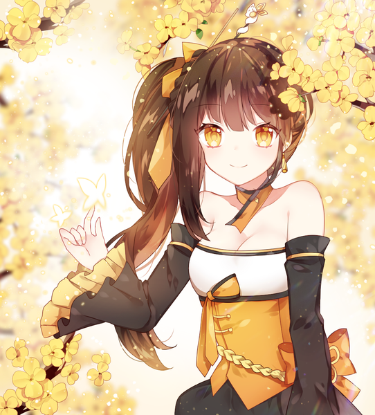 Anime picture 1012x1121 with elsword ara haan g ieep single long hair tall image breasts smile brown hair bare shoulders yellow eyes cleavage upper body side ponytail butterfly on hand girl flower (flowers) bow hair bow detached sleeves