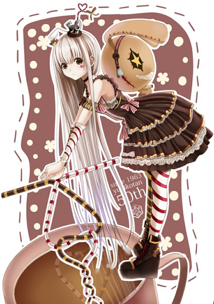 Anime picture 744x1052 with original yukijirushi yukiko-tan kentaurosu single long hair tall image looking at viewer white hair black eyes girl dress hat pantyhose shoes bag mini hat mini top hat striped pantyhose