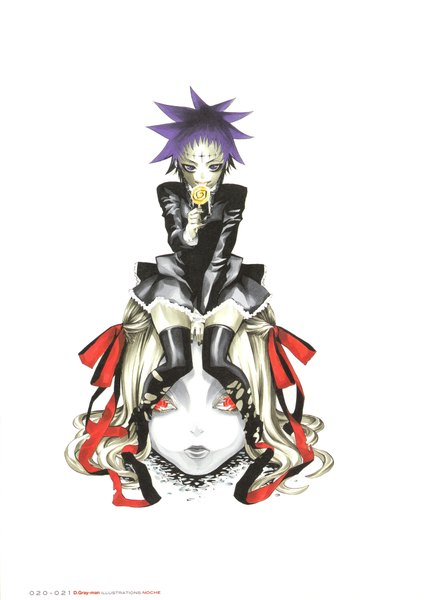 Anime picture 3181x4497 with d.gray-man road kamelot hoshino katsura single tall image highres simple background smile red eyes white background purple eyes absurdres purple hair white hair grey hair scan headless girl thighhighs dress