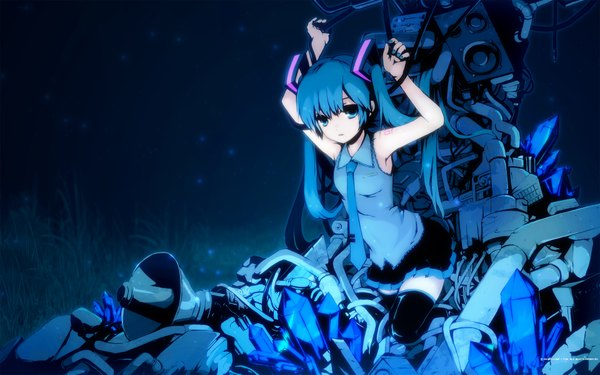 Anime picture 1920x1200 with vocaloid hatsune miku tomsan long hair highres blue eyes wide image twintails blue hair zettai ryouiki girl thighhighs skirt black thighhighs necktie wire (wires) megaphone