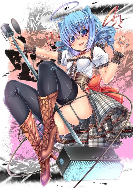 Anime picture 1000x1412 with original kantarou (nurumayutei) single tall image blush short hair open mouth light erotic blue hair heterochromia drill hair girl thighhighs dress underwear panties ribbon (ribbons) black thighhighs hair ribbon boots