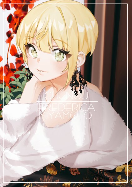 Anime picture 600x847 with idolmaster idolmaster cinderella girls miyamoto frederica chungu single tall image looking at viewer fringe short hair blonde hair bare shoulders green eyes signed character names border arm around neck girl earrings