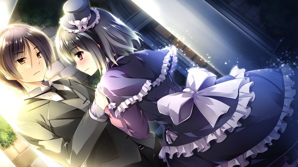 Anime picture 1920x1080 with ojousama wa gokigen naname blush highres short hair black hair red eyes wide image brown eyes game cg couple girl dress boy bow hat frills