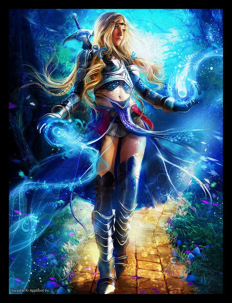 Anime picture 765x1000 with legend of the cryptids yayashin single long hair tall image blue eyes blonde hair braid (braids) realistic magic light framed girl navel ribbon (ribbons) weapon hair ribbon armor huge weapon huge sword