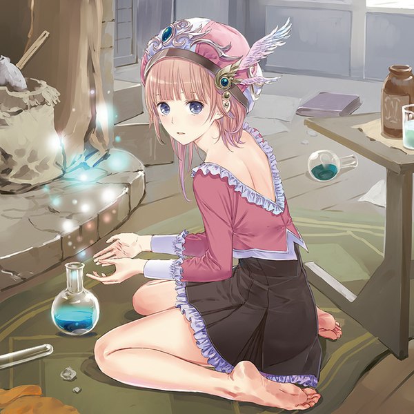 Anime picture 800x800 with atelier (series) atelier rorona gust (company) rororina fryxell kishida mel single looking at viewer blush fringe short hair blue eyes sitting pink hair bent knee (knees) indoors parted lips pleated skirt looking back barefoot arm up