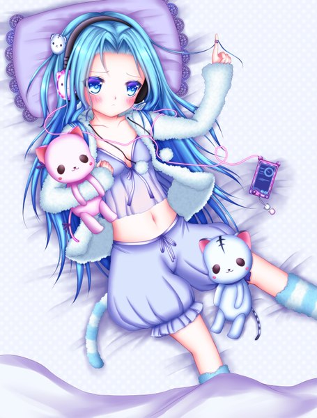 Anime picture 1200x1581 with original shitou single long hair tall image blush blue eyes blue hair lying cat tail loli girl navel headphones pillow toy stuffed animal