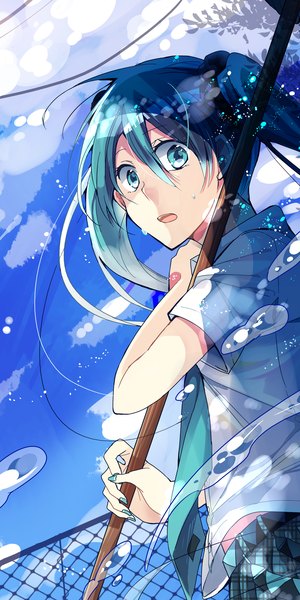 Anime picture 1500x3000 with vocaloid hatsune miku akinai ari single long hair tall image looking at viewer blush open mouth twintails sky cloud (clouds) nail polish looking back aqua eyes aqua hair :o surprised girl skirt