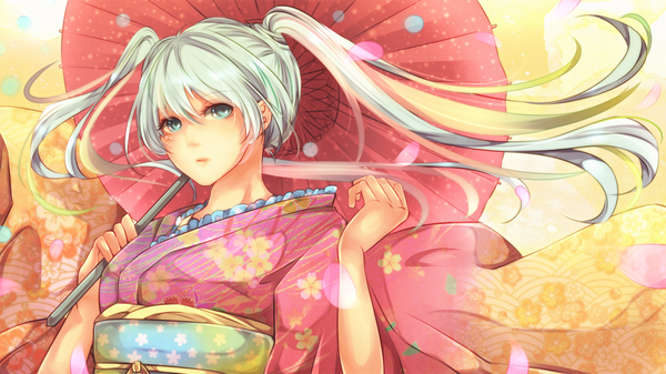 Anime picture 1280x720 with vocaloid hatsune miku pekotank single long hair blush fringe wide image twintails holding green eyes traditional clothes japanese clothes green hair wind girl petals kimono umbrella