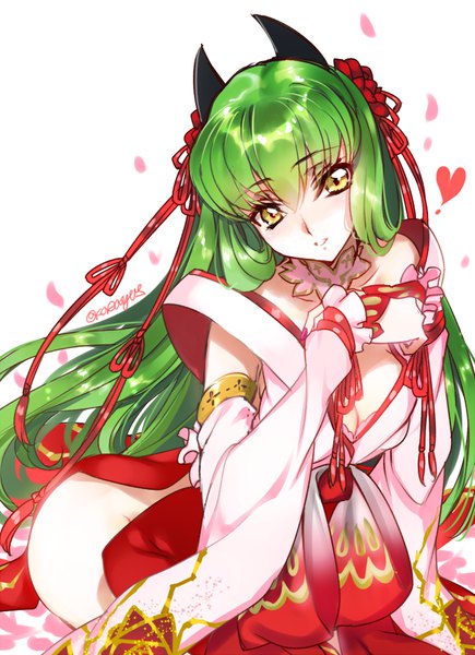 Anime picture 700x965 with code geass sunrise (studio) c.c. creayus single long hair tall image looking at viewer blush fringe breasts open mouth light erotic simple background smile hair between eyes white background sitting bare shoulders signed
