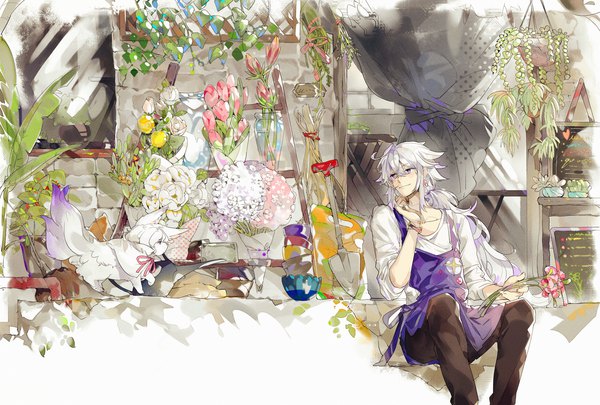 Anime picture 2000x1351 with fate (series) fate/grand order fou (fate) merlin (fate) emera long hair fringe highres hair between eyes sitting purple eyes silver hair low ponytail boy flower (flowers) plant (plants) earrings bracelet apron bouquet