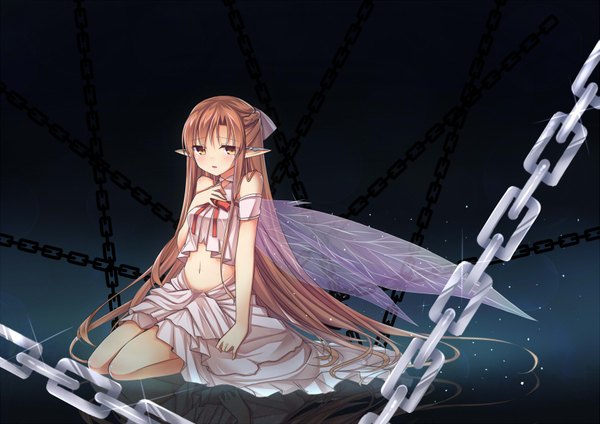 Anime picture 1753x1240 with sword art online a-1 pictures yuuki asuna titania (alo) amemiya ruki single long hair blush highres open mouth blonde hair sitting bare shoulders brown eyes pointy ears girl navel wings chain