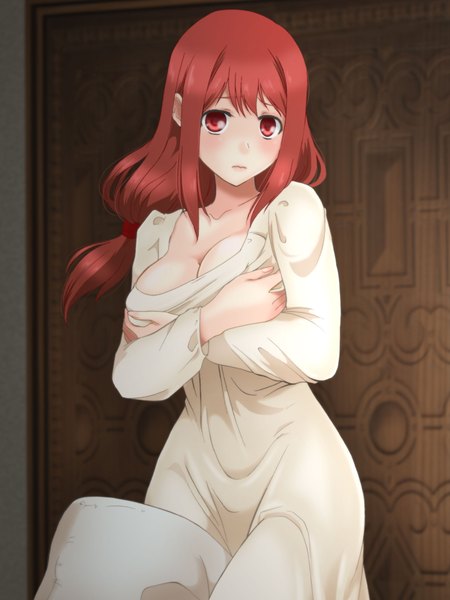 Anime picture 1536x2048 with maoyuu maou yuusha arms corporation maou (maoyuu) enami (e373) single long hair tall image looking at viewer blush breasts light erotic red eyes large breasts red hair girl nightie