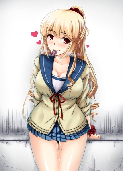 Anime picture 1150x1600 with strike the blood aiba asagi gayprince single long hair tall image looking at viewer blush breasts light erotic blonde hair red eyes large breasts ponytail pussy juice condom in mouth girl skirt uniform school uniform
