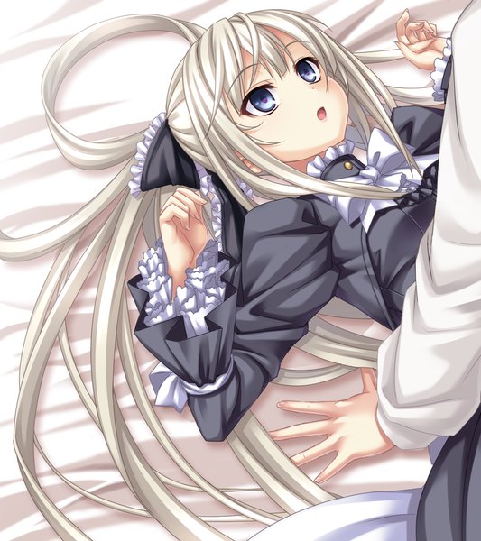Anime picture 1024x1152 with sousouki reginald long hair tall image open mouth blue eyes game cg white hair lying girl dress frills