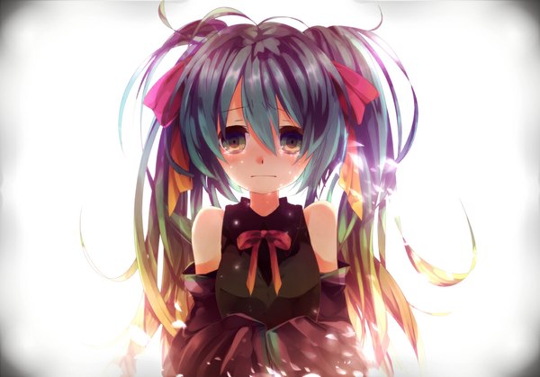 Anime picture 1182x826 with vocaloid hatsune miku akatonbo single long hair fringe simple background twintails multicolored hair tears crying multicolored eyes girl bow hair bow detached sleeves