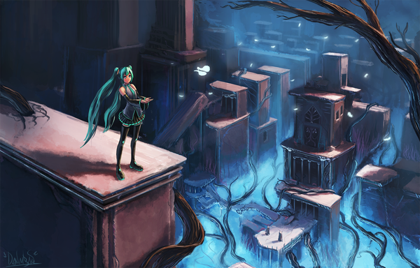 Anime picture 1400x896 with vocaloid hatsune miku iidanmrak single long hair blue eyes standing twintails aqua eyes glowing girl thighhighs plant (plants) detached sleeves tree (trees) necktie insect building (buildings) butterfly liana