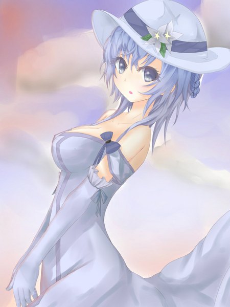 Anime picture 600x800 with black bullet kinema citrus seitenshi (black bullet) hypertan single tall image looking at viewer fringe short hair breasts blue eyes large breasts bare shoulders blue hair ass braid (braids) parted lips wind leaning surprised