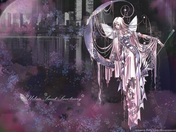 Anime picture 1600x1200 with saint seiya toei animation masami kurumada (artist) single long hair blonde hair white hair inscription cityscape insect wings butterfly wings girl dress hair ornament water insect butterfly jewelry