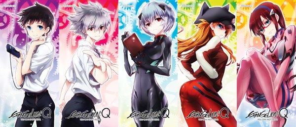 Anime picture 1500x643 with neon genesis evangelion rebuild of evangelion evangelion: 2.0 you can (not) advance evangelion: 3.0 you can (not) redo gainax soryu asuka langley ayanami rei shikinami asuka langley ikari shinji nagisa kaworu makinami mari illustrious playback (artist) long hair short hair blue eyes black hair red eyes wide image multiple girls signed