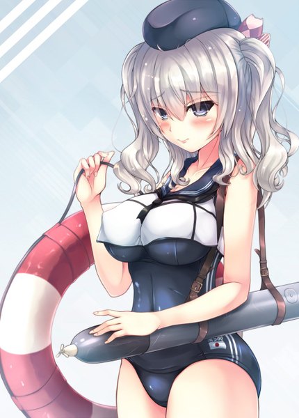 Anime picture 1000x1395 with kantai collection kashima training cruiser tenchou no matsumoto single long hair tall image looking at viewer blush fringe breasts light erotic simple background hair between eyes large breasts twintails holding silver hair black eyes embarrassed sleeveless