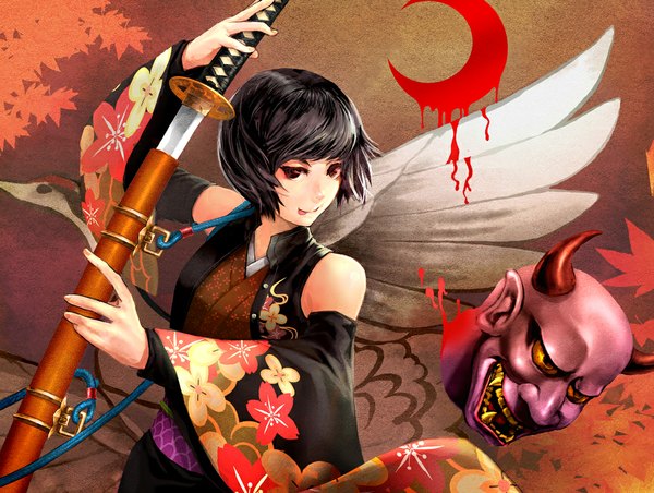Anime picture 1100x829 with original minoo short hair black hair red eyes japanese clothes :p demon unsheathing severed head detached sleeves sword wings tongue katana blood