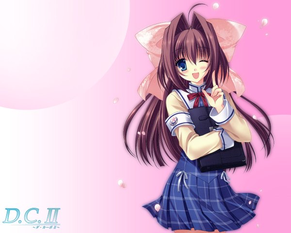 Anime picture 1280x1024 with da capo da capo ii asakura otome one eye closed wink cherry blossoms ribbon (ribbons) serafuku