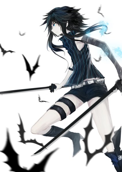 Anime picture 1754x2480 with original mek single long hair tall image highres blue eyes black hair simple background white background holding profile high heels sleeveless glowing striped dual wielding girl weapon animal