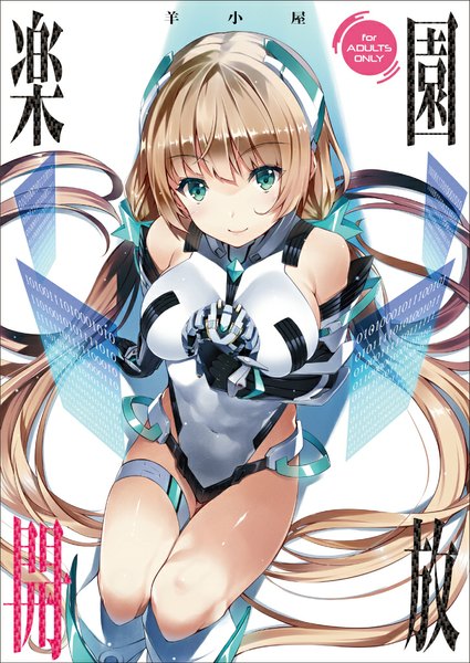 Anime picture 725x1024 with expelled from paradise angela balzac tachibana yuu single tall image looking at viewer blush fringe breasts light erotic blonde hair large breasts white background sitting twintails green eyes bent knee (knees) very long hair light smile inscription