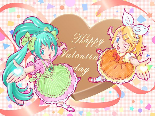 Anime picture 1600x1200 with vocaloid hatsune miku kagamine rin hata hata valentine girl food heart sweets chocolate