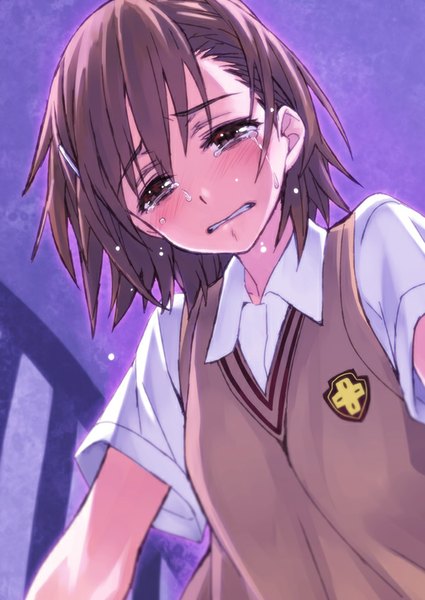 Anime picture 600x847 with to aru kagaku no railgun j.c. staff misaka mikoto matsuryuu single tall image looking at viewer blush short hair brown hair brown eyes from below tears crying sad girl uniform hair ornament school uniform shirt