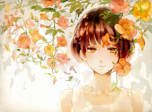 Anime picture 1000x738 with original minato no youko single looking at viewer blush fringe short hair brown hair bare shoulders orange eyes girl flower (flowers) plant (plants) campsis