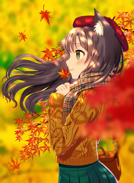 Anime picture 1000x1364 with original toujou mina single long hair tall image blush fringe smile brown hair standing holding animal ears yellow eyes looking away upper body outdoors long sleeves profile pleated skirt wind