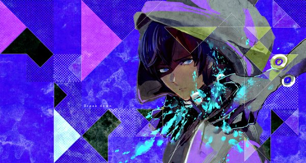 Anime picture 1219x650 with gantz gonzo nishi joichiro wa usagi single short hair wide image purple eyes purple hair purple background boy hood splashes hands