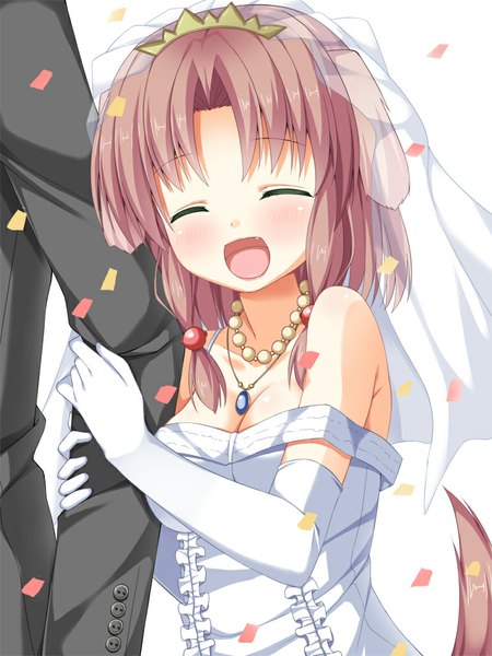 Anime picture 750x1000 with original asa no ha single tall image blush short hair open mouth animal ears purple hair tail eyes closed animal tail arm hug girl dress gloves elbow gloves wedding dress confetti