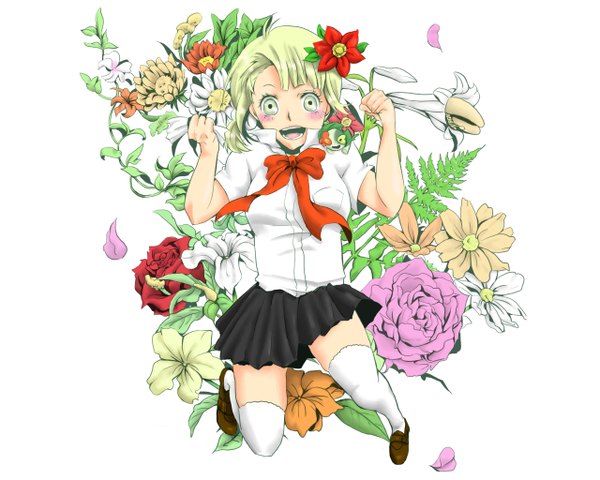 Anime picture 2560x2048 with ao no exorcist a-1 pictures moriyama shiemi single blush highres short hair open mouth simple background blonde hair yellow eyes blue background girl thighhighs uniform flower (flowers) bow school uniform shirt petals