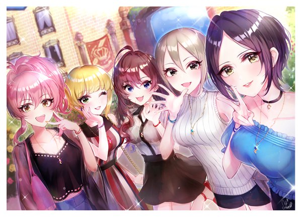 Anime picture 2990x2150 with idolmaster idolmaster cinderella girls ichinose shiki jougasaki mika hayami kanade miyamoto frederica shiomi shuuko mairo (ilo) long hair looking at viewer highres short hair breasts open mouth black hair blonde hair smile brown hair large breasts purple eyes