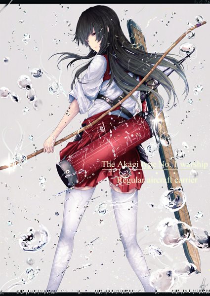 Anime picture 752x1062 with kantai collection akagi aircraft carrier marumoru single long hair tall image black hair brown eyes traditional clothes profile looking back girl thighhighs weapon white thighhighs bubble (bubbles) bow (weapon)