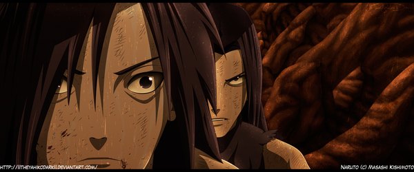 Anime picture 1600x668 with naruto studio pierrot naruto (series) uchiha madara senju hashirama iitheyahikodarkii long hair black hair wide image black eyes multiple boys wet coloring torn clothes letterboxed close-up rain hokage boy 2 boys