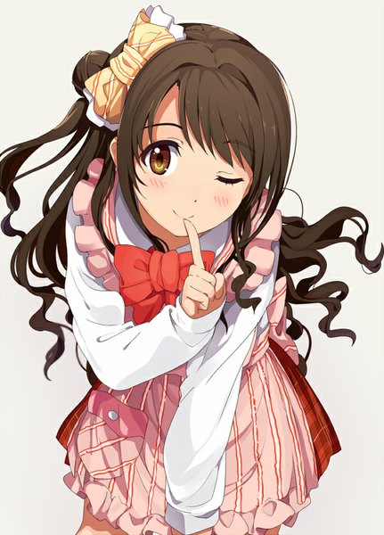 Anime picture 611x850 with idolmaster idolmaster cinderella girls shimamura uzuki ogipote single long hair tall image blush simple background smile brown hair white background brown eyes one eye closed wink grey background leaning leaning forward one side up finger to mouth