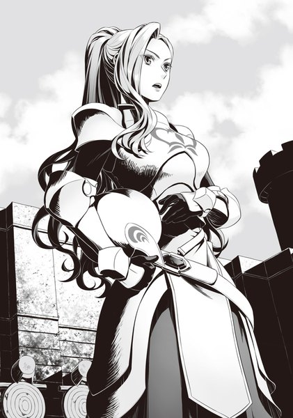 Anime picture 718x1024 with tate no yuusha no nariagari kinema citrus eclair seaetto minami seira single long hair tall image open mouth standing holding payot looking away sky upper body ponytail official art from below monochrome novel illustration manga